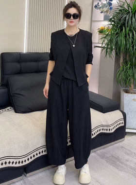 套装洋气妹妹大码显瘦小衫阔裤秋季微胖三件套气质2026新款马甲腿