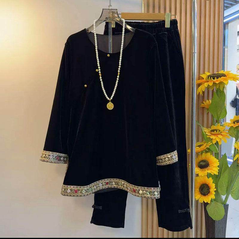 新中式大码女装2025春季款国风丝绒设计感重工拼接衬衫裤子两件套