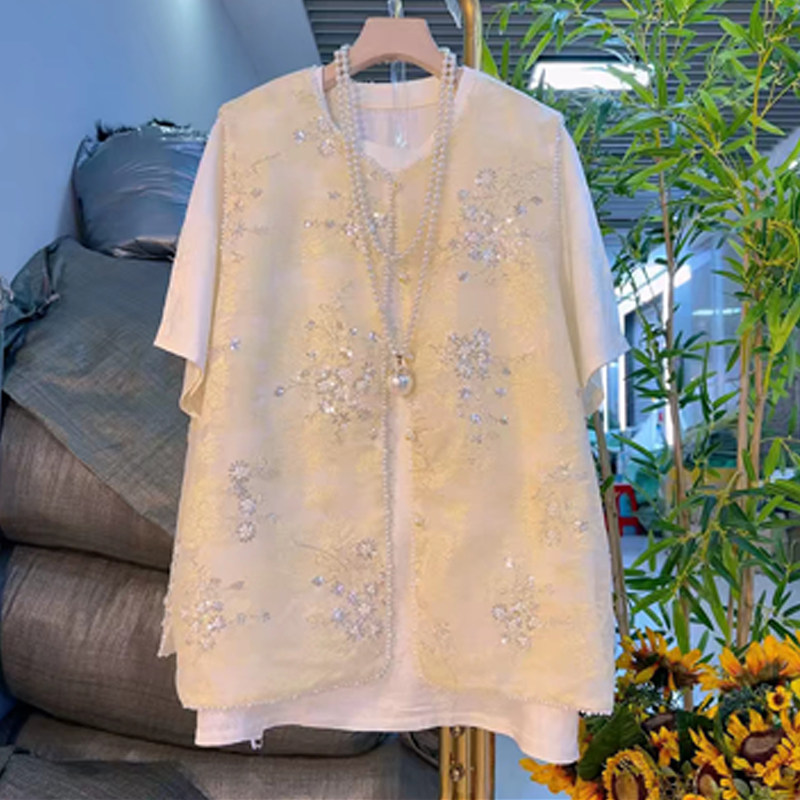 胖MM圆领亮片花纹钉珠边马甲国潮时髦宽松大码女装百搭休闲打底衫