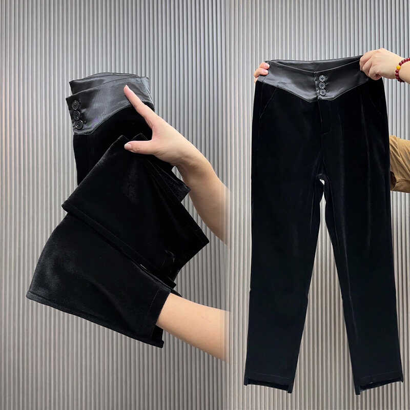 金丝绒直筒裤女2024秋季新款高腰显瘦小个子九分烟管裤休闲西装裤