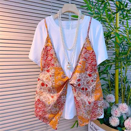新品花朵减龄夏季半袖短袖大码拼接假韩版T恤女女装两件上衣印花