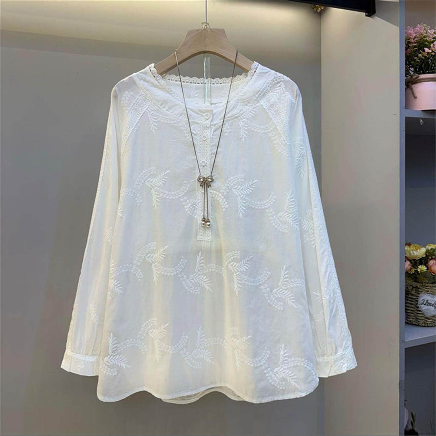 欧货大码女装2026春款时尚显瘦宽松百搭洋气花边衬衫长袖圆领上衣