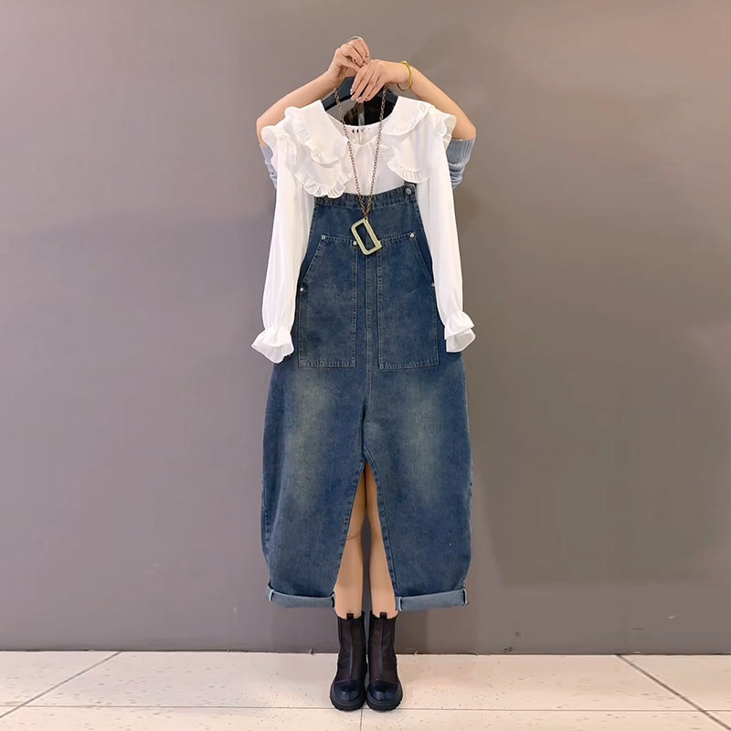 2025春季新款韩版时尚娃娃领衬衫大码女装胖MM欧货洋气背带牛仔裤
