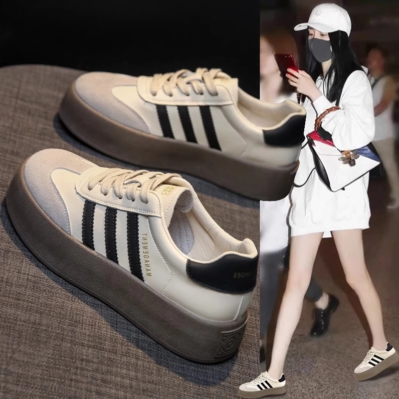 香港真皮厚底德训鞋女2025新款秋冬季加绒小白鞋休闲运动板鞋