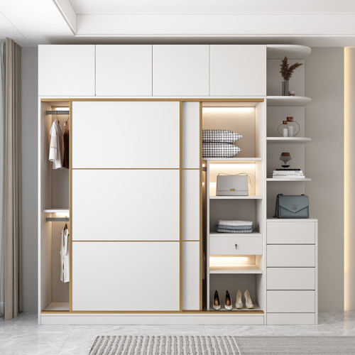 奶油风推拉门衣柜按压设计