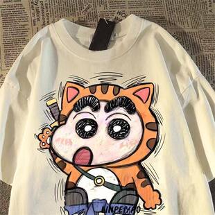 日系复古老虎蜡笔小新短袖 t恤男女宽松ins潮牌高街情侣潮流上衣