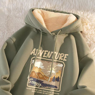 美式卫衣男冬季新款加厚羊羔绒保暖连帽上衣大学生少年感外套12