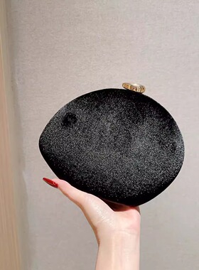 跨境新款黑色丝绒晚宴包椭圆包手拿包新娘包包礼服晚装包链条女包