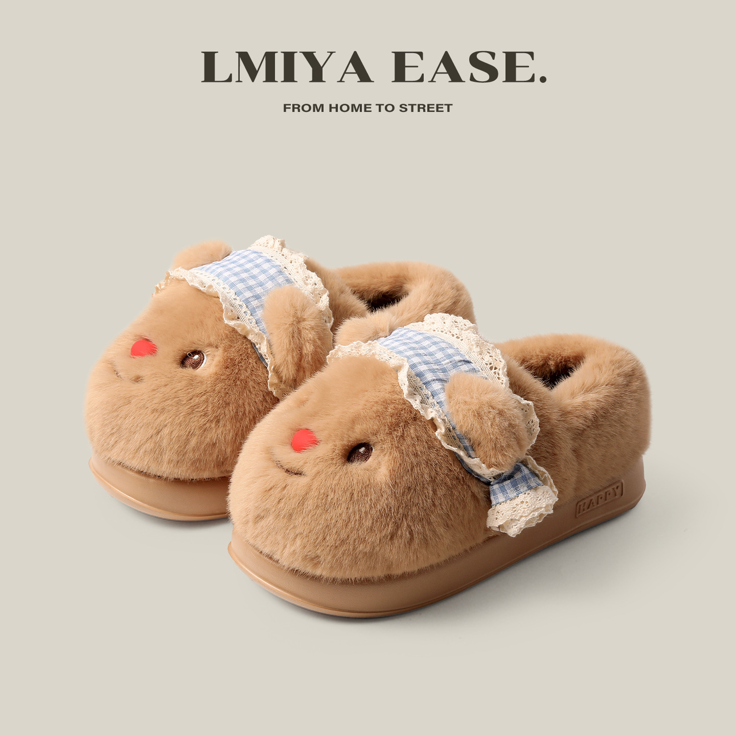 可爱小熊包跟棉拖鞋女保暖可外穿