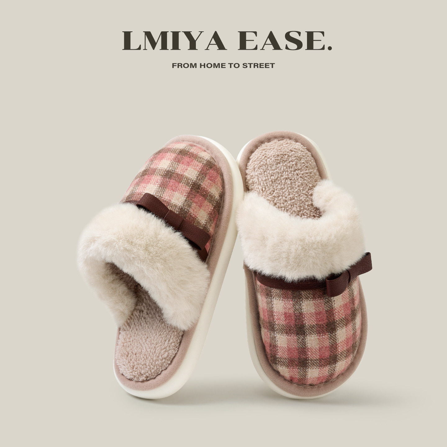 徕米亚一脚蹬毛领蝴蝶结保暖棉拖