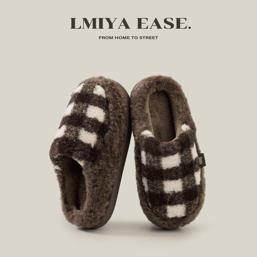 复古方格纹棉拖鞋男士保暖防滑