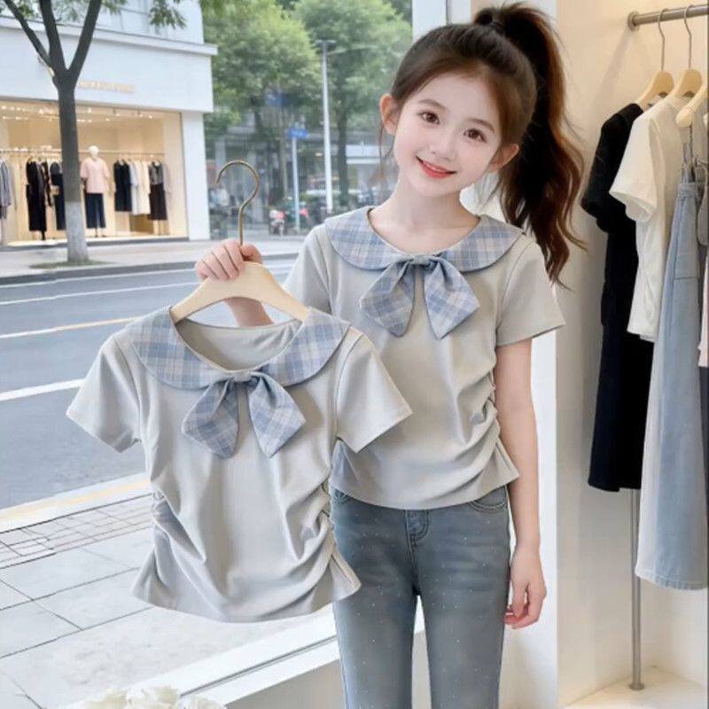 女童韩系甜美格纹蝴蝶结系带圆领短袖纯棉夏季中大童褶皱收腰T恤