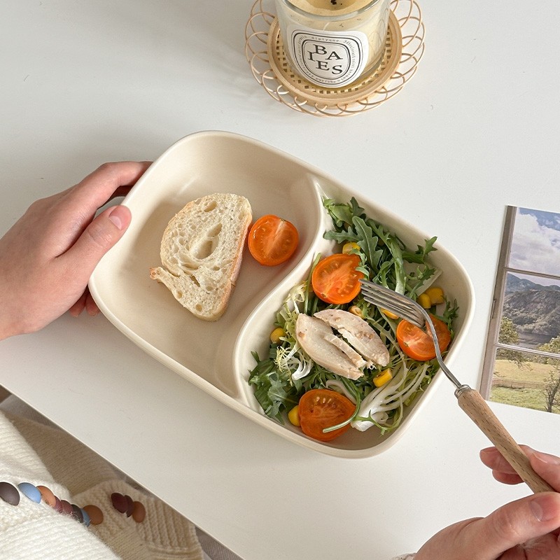 穆尼ins米黄长方形分格餐碗减脂餐沙拉碗轻食一人食陶瓷餐碗菜盘,餐饮具,碗,淘宝优惠券,粉丝福利购,淘宝优惠卷