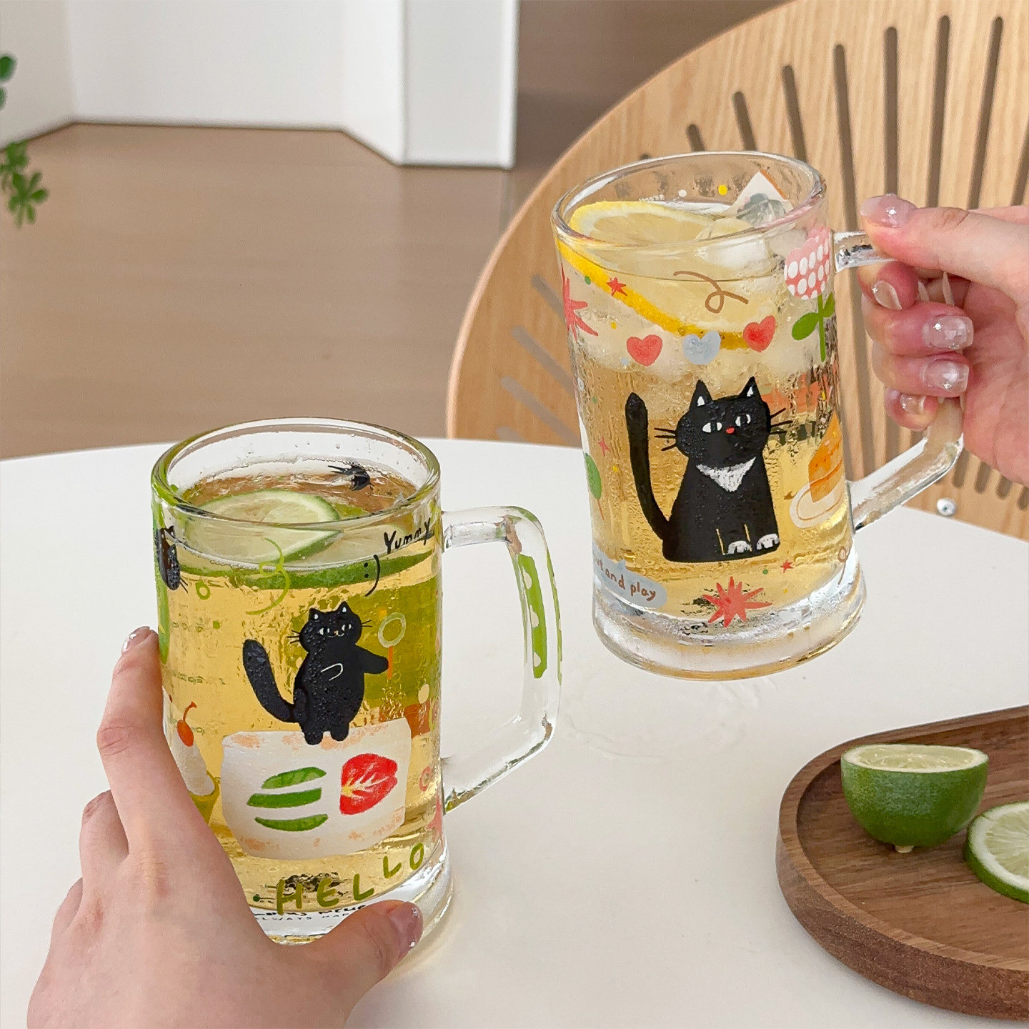穆尼 可爱小黑猫玻璃杯带把手水杯对杯冷饮杯果汁杯啤酒杯可乐杯
