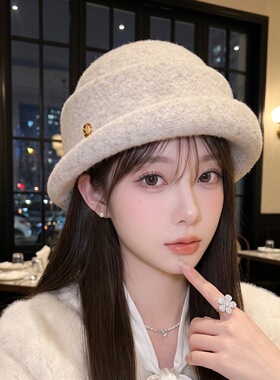 赫本风优雅针织礼帽女秋冬季气质高级感盆帽保暖百搭千金帽子批发