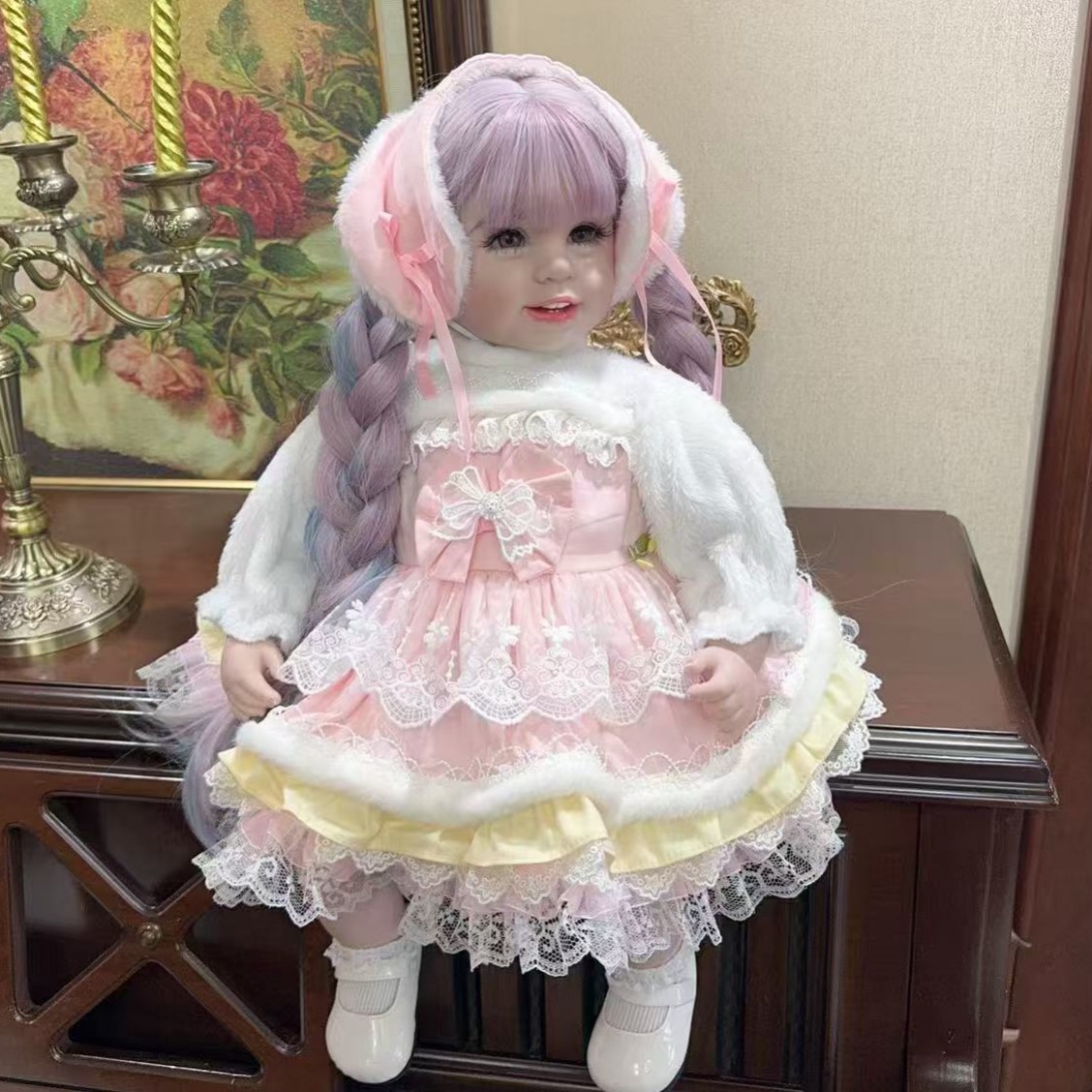 50-55cm重生娃娃衣服加绒蕾丝花边裙子女孩冬款加厚毛毛连衣裙新