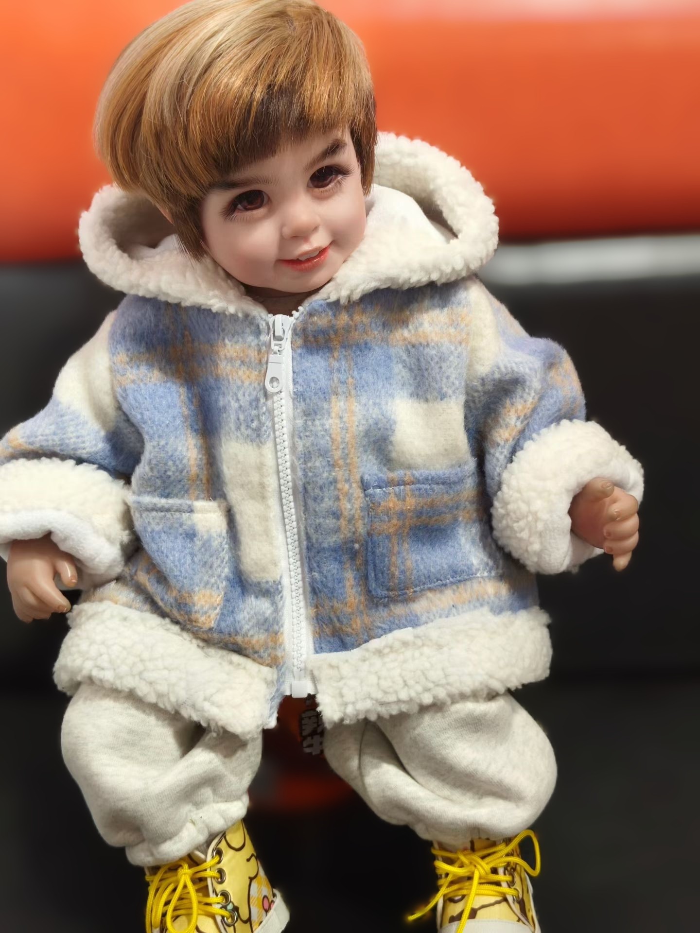 55cm娃娃衣服男孩冬季加绒加厚格子套装男娃连帽外套裤子两件套