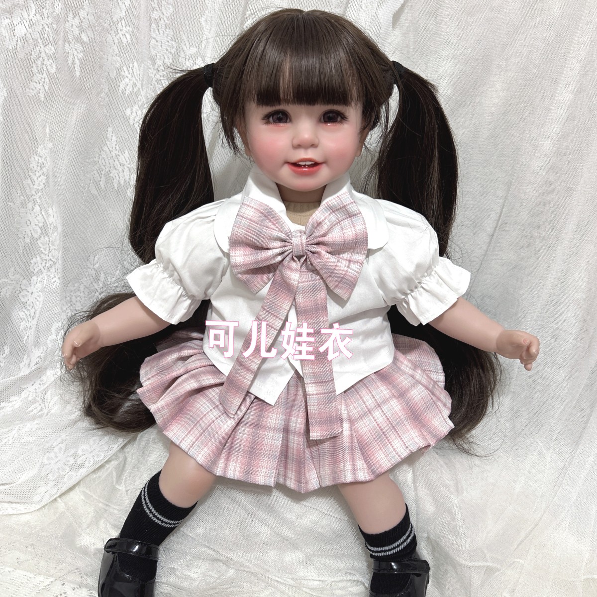 50-55cm重生娃娃衣服女孩JK裙子套装衬衫粉色格子短裙两件套制服图片