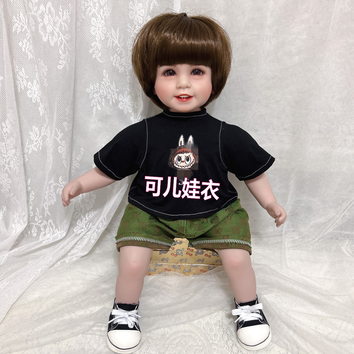 50-55cm重生娃娃衣服男孩休闲套装潮牌卡通短袖T恤绿色短裤两件套