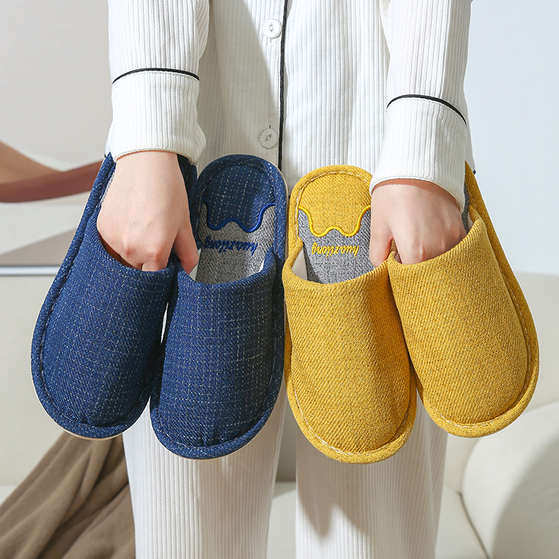秋冬简约保暖棉麻棉拖鞋