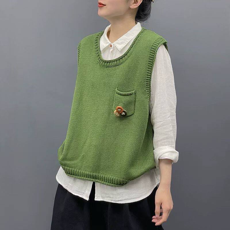 口袋手工花朵棉线针织马甲背心女宽松春文艺休闲套头无袖叠穿坎肩