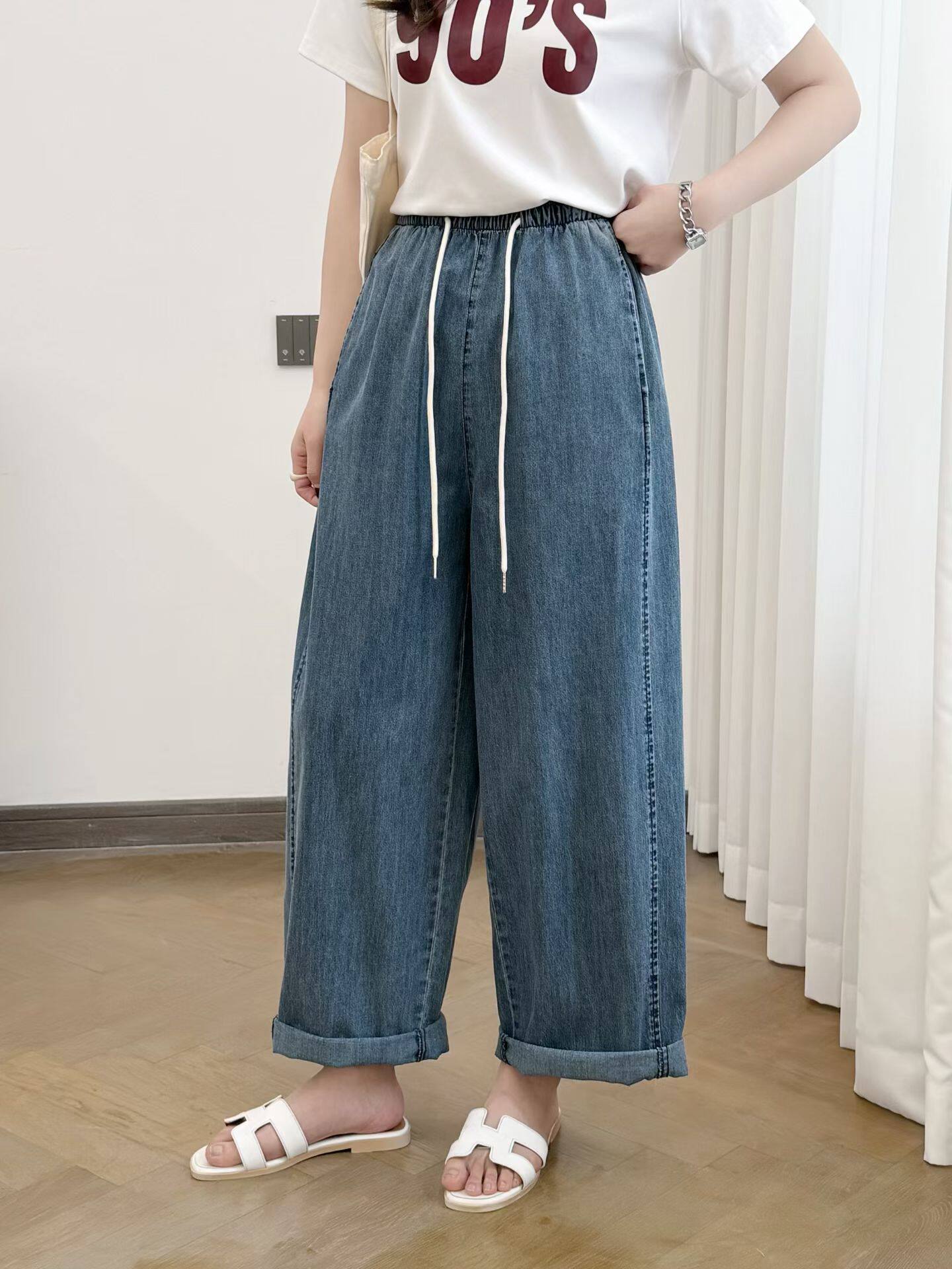 2026春夏新款日系原单松紧腰抽绳牛仔裤女宽松直筒阔腿休闲长裤子
