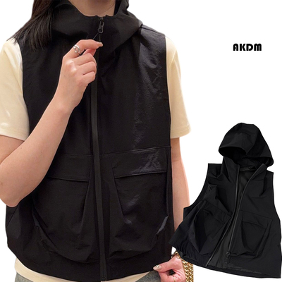 AKDM休闲百搭工装连帽马甲黑色百搭春夏款无袖外套无袖