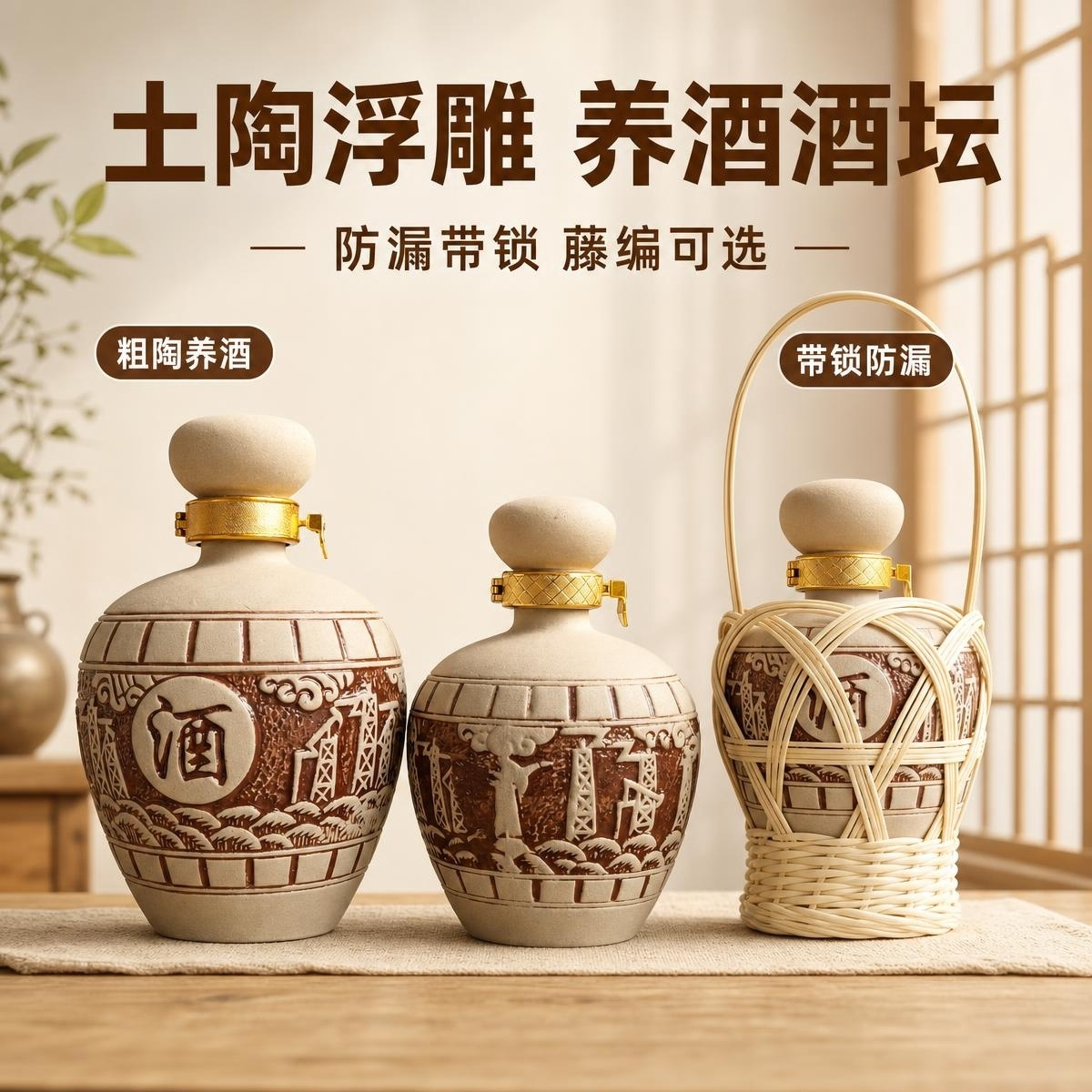 复古土陶酒坛子加厚空酒瓶粗陶窖藏密封酒罐家用配锁扣1/2/3/5斤
