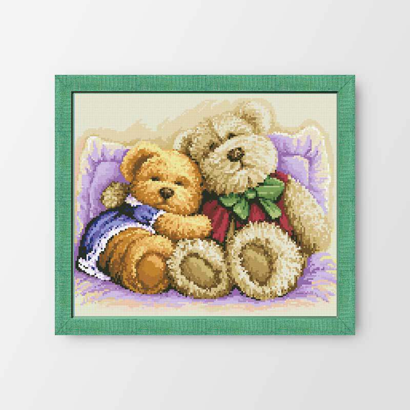 DMC线小小鱼卡通十字绣套件 A3208两只小熊可爱儿童房印花印布