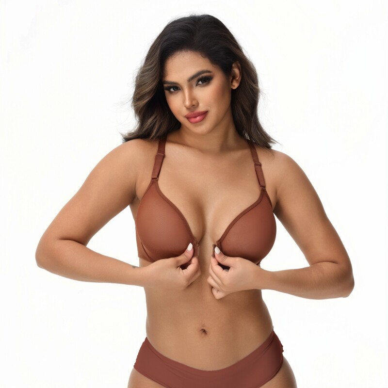 欧美大码性感透明网纱文胸大胸显小超薄无海绵钢圈前扣内衣F杯