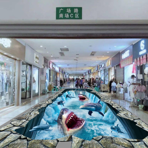 海底动物海豚鲨鱼瀑布山水3d地画定制3d立体地贴互动儿童3d地贴画