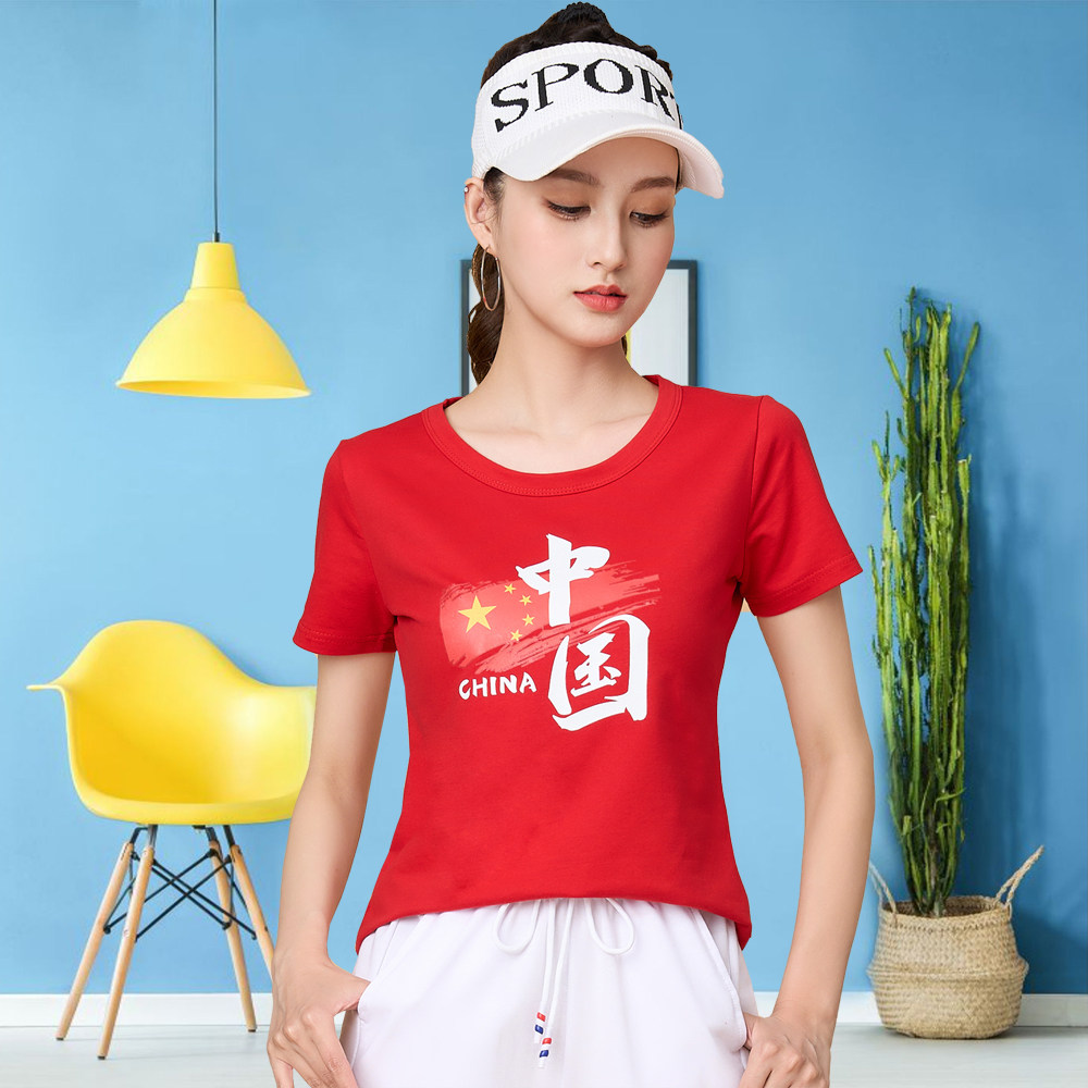 爆卖新款夏季爱国红歌广场舞上装棉圆领半袖短袖上衣五星中国风T