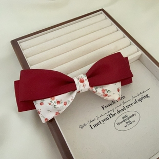 酒红碎花韩版蝴蝶结发夹后脑勺顶夹少女扎马尾发饰发圈头绳皮筋