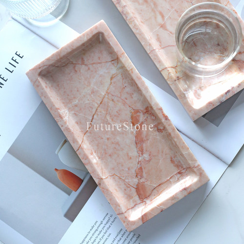 奶油风天然奶油玫瑰大理石长方形小托盘香薰香水首饰置物装饰摆件