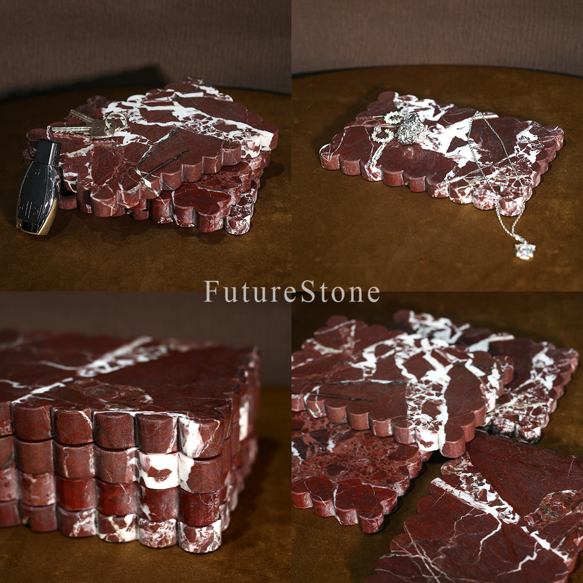 意式极简紫罗红波浪方形香薰托盘天然大理石现代轻奢高级感收纳盘