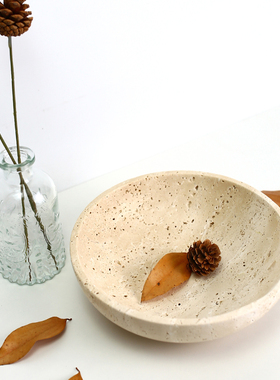 复古天然米白洞石大理石水果零食置物碗首饰收纳盆装饰品创意摆件