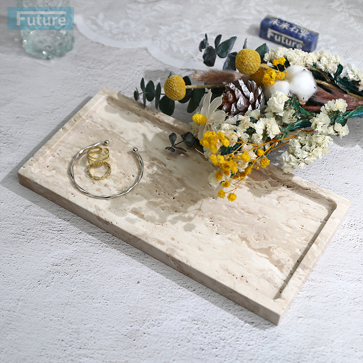 中古风天然米白洞石大理石长方形小托盘香薰蜡烛置物盘装饰摆件