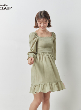 Nice Claup法式清新紫色方领褶皱连衣裙中长款收腰纯棉111727050C