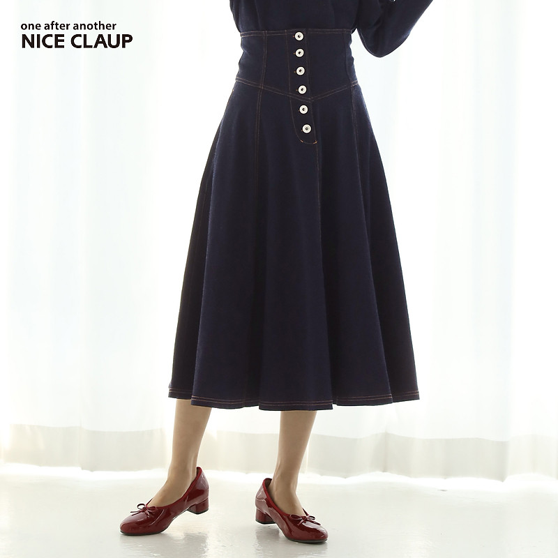 Nice Claup日系可爱气质高腰牛仔伞裙中长款半身裙136400140C