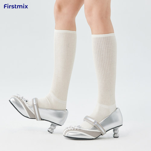 FIRSTMIX2025年夏纯色简约中长筒棉堆堆袜小腿袜舒适百搭袜子女款
