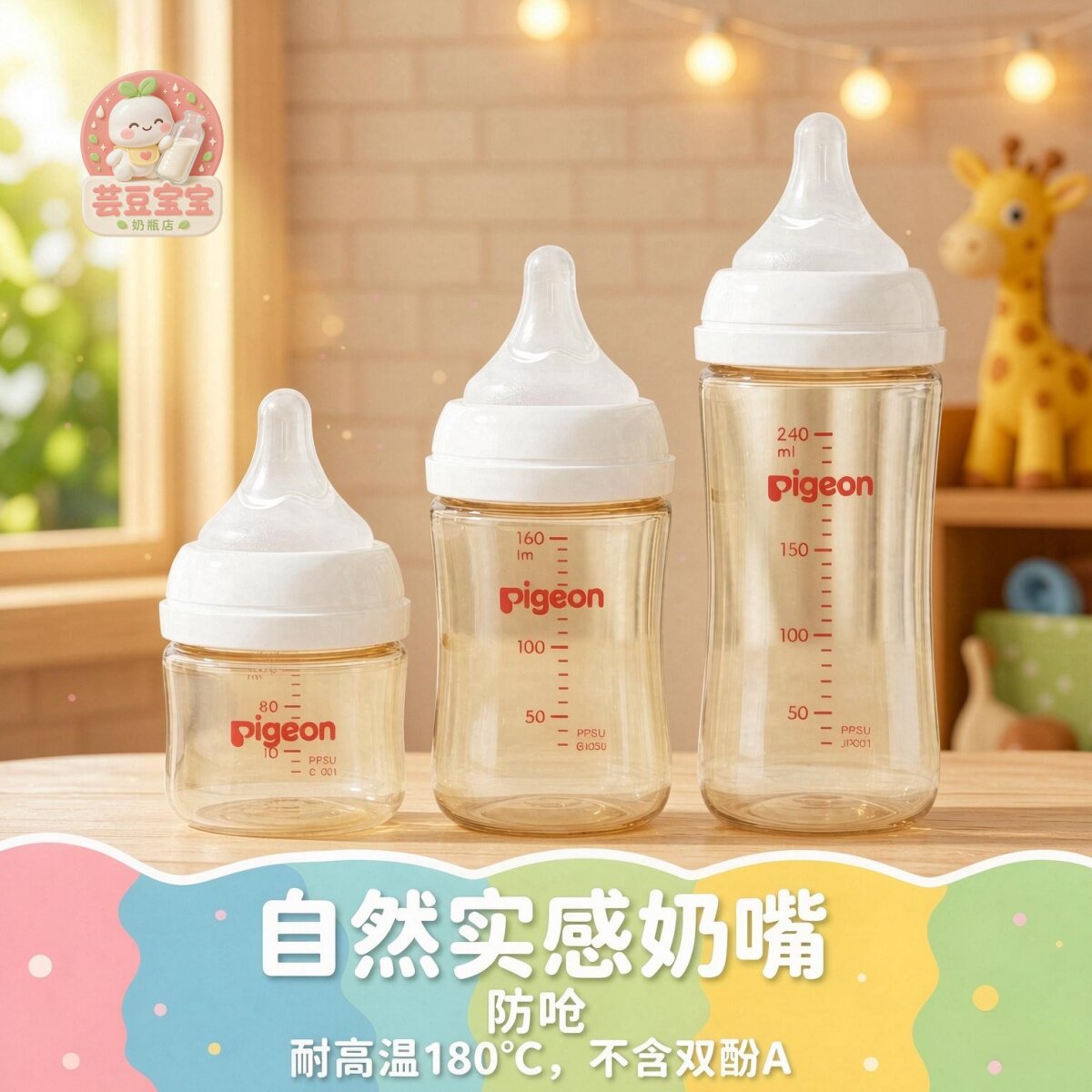 贝亲PPSU三代宽口奶瓶防呛