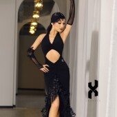 专业拉丁舞裙无袖 V领连衣裙新款 性感流苏裙带胸垫JX364