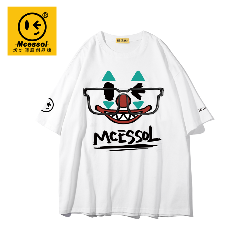 Mcessol设计师原创品牌眼镜小丑图案印花短袖t恤男女同款白色体恤