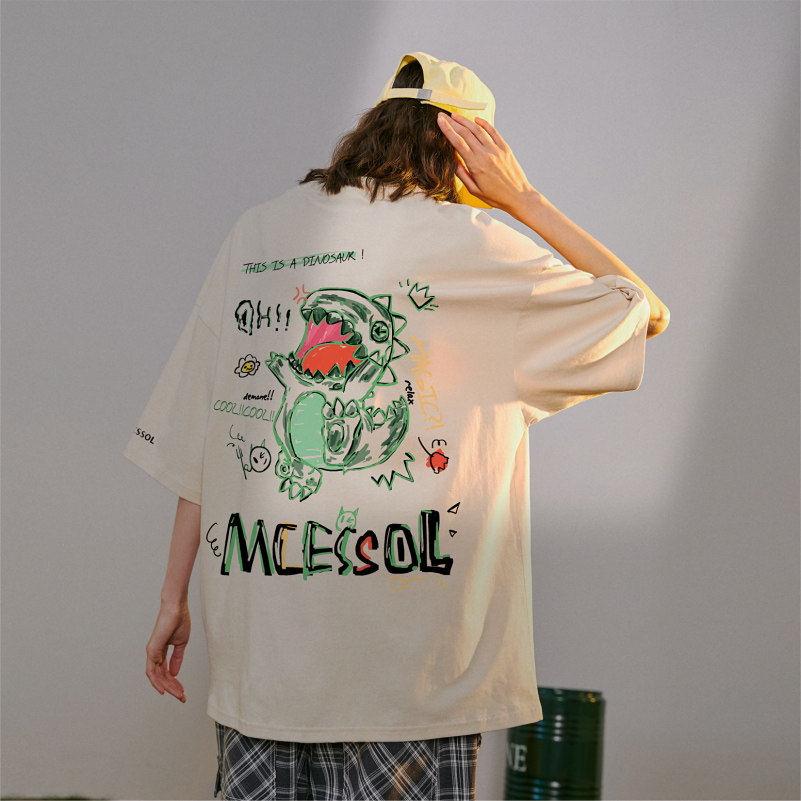 Mcessol涂鸦恐龙字母印花短袖t恤男女同款ins潮牌夏季半截袖上衣
