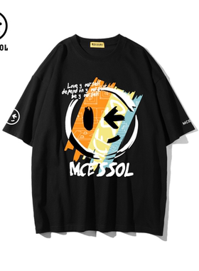Mcessol夏季潮牌涂鸦笑脸印花情侣重磅t恤男女宽松百搭落肩款短袖