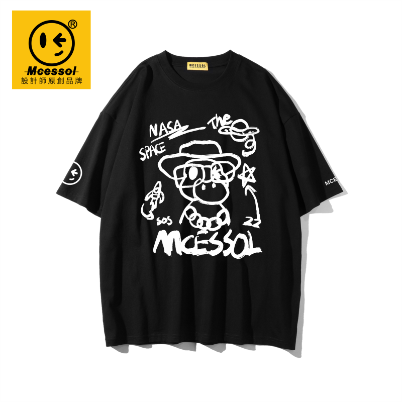 Mcessol设计师原创品牌手绘卡通眼镜鸭子短袖t恤男女同款落肩半袖