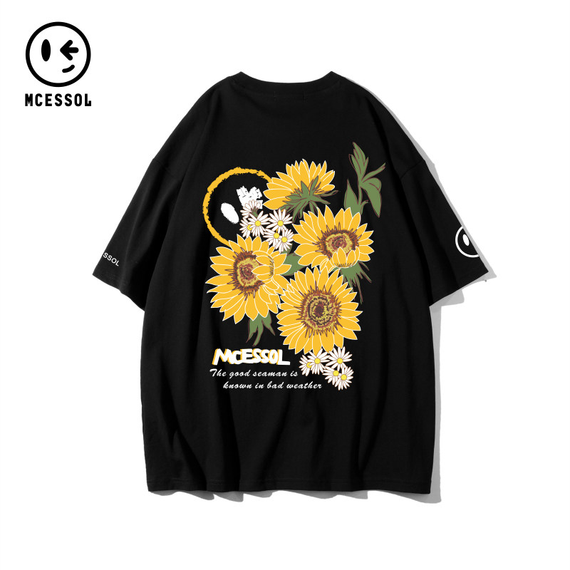 Mcessol小雏菊花朵印花短袖t恤男女中性风夏季新款国潮流大码宽松 - 实物图