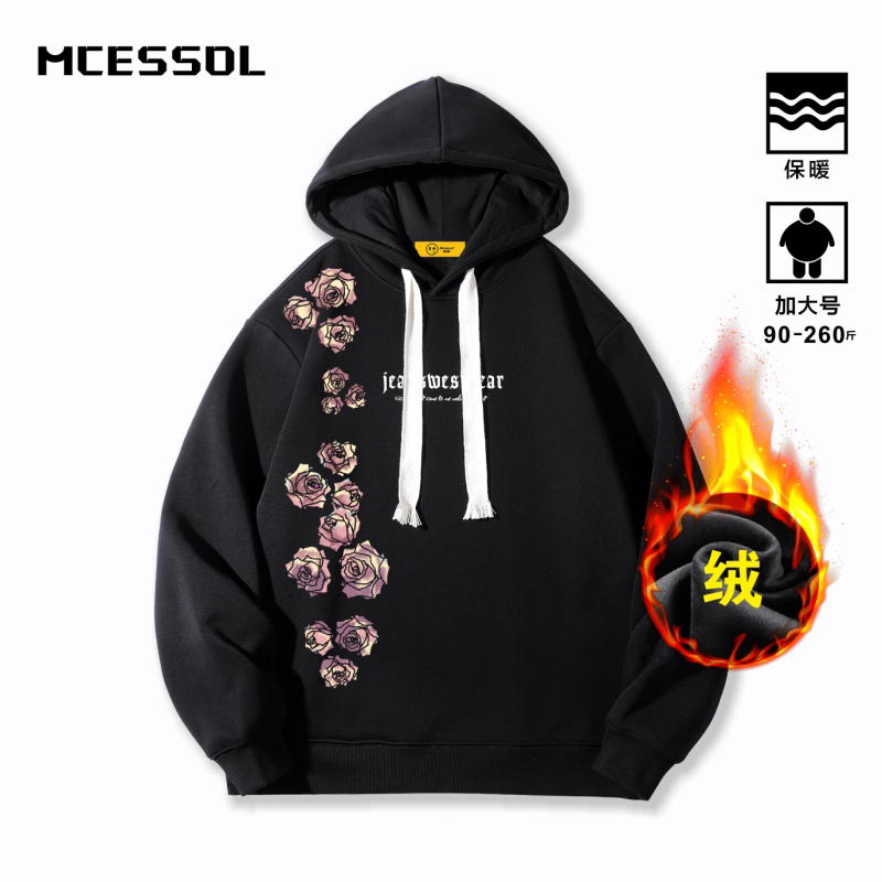 Mcessol设计师原创品牌复古玫瑰花字母套头连帽卫衣男女加绒外套