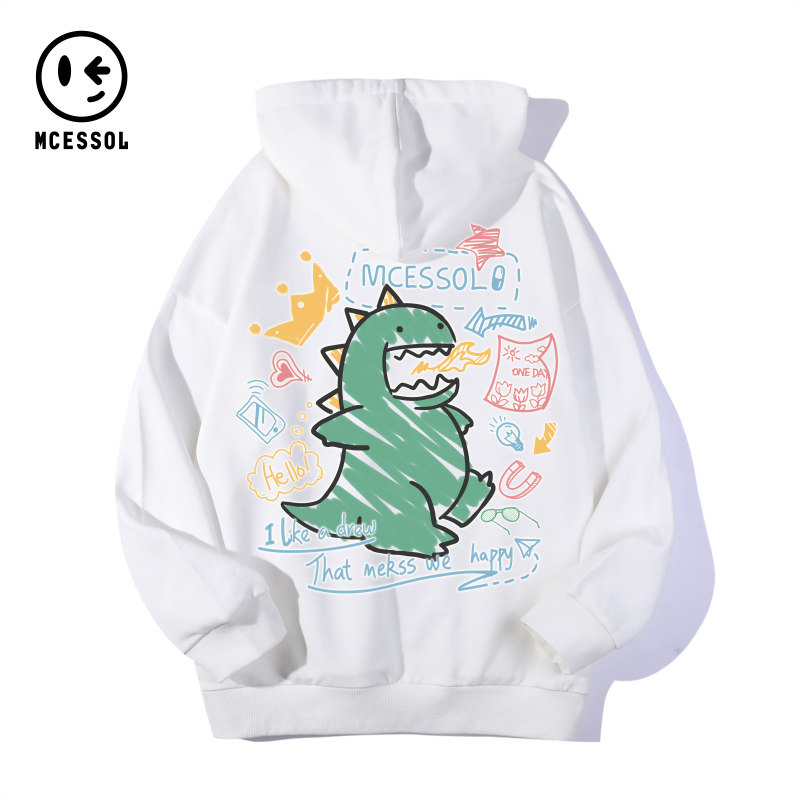 Mcessol设计师原创品牌喷火皇冠小恐龙印花套头卫衣男女纯棉连帽
