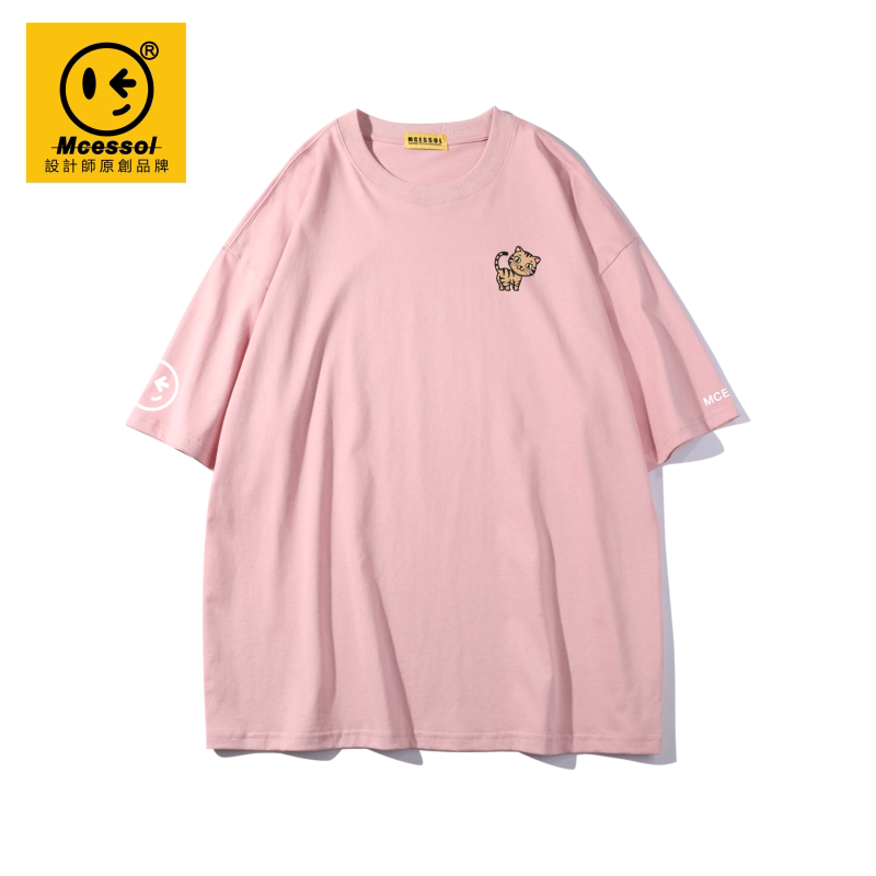 Mcessol设计师原创品牌卡通橙黑虎纹猫胸花短袖t恤男女粉色体恤